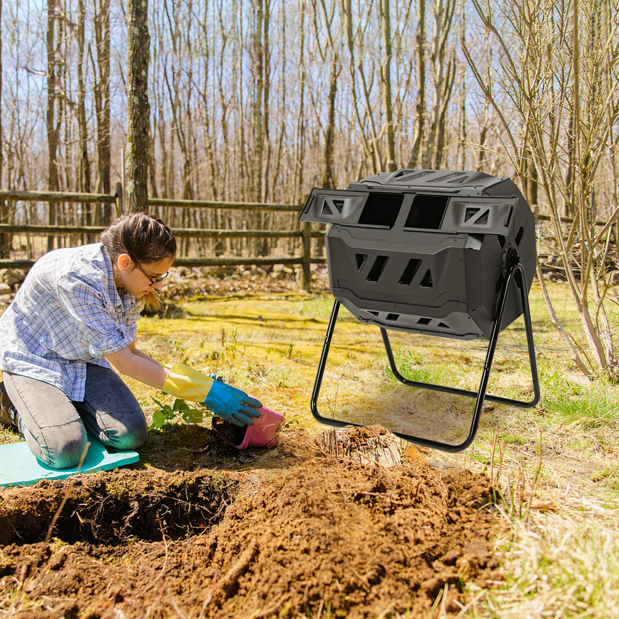 43 Gallon Composting Tumbler Compost Bin with Dual Rotating Chamber