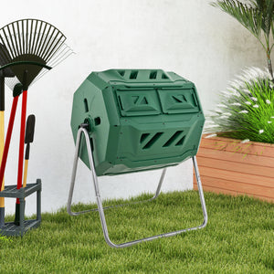 43 Gallon Rotating Compost Bin Barrel with Dual Chamber and Sliding Doors-Green