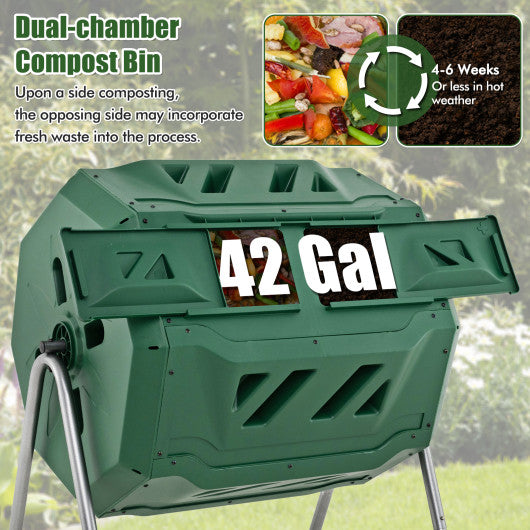 43 Gallon Rotating Compost Bin Barrel with Dual Chamber and Sliding Doors-Green