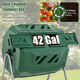 43 Gallon Rotating Compost Bin Barrel with Dual Chamber and Sliding Doors-Green
