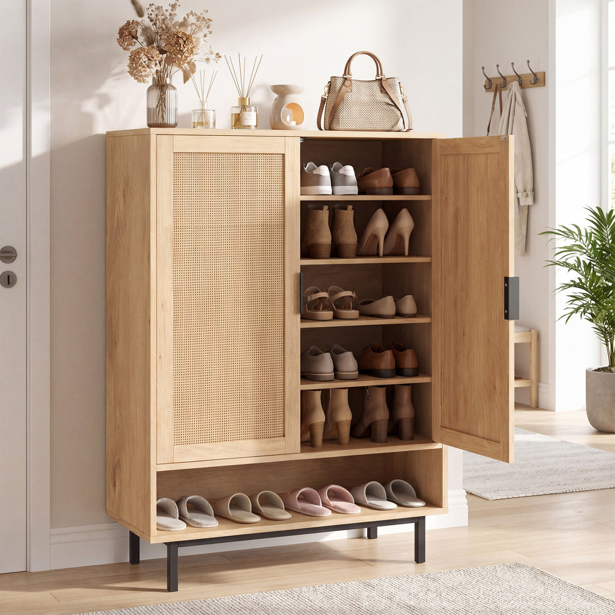 43 Inch 6-Tier Tall Shoe Cabinet with Double Doors-Natural