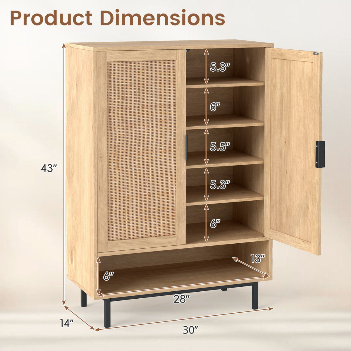 43 Inch 6-Tier Tall Shoe Cabinet with Double Doors-Natural