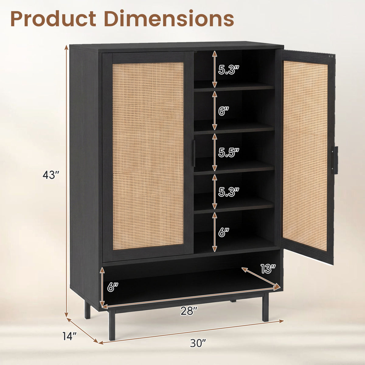 43 Inch 6-Tier Tall Shoe Cabinet with Double Doors-Black