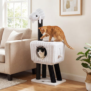 43-Inch Lamb-Shaped Cat Tower with 2-Door Rattan Condo for Indoor Kittens-White