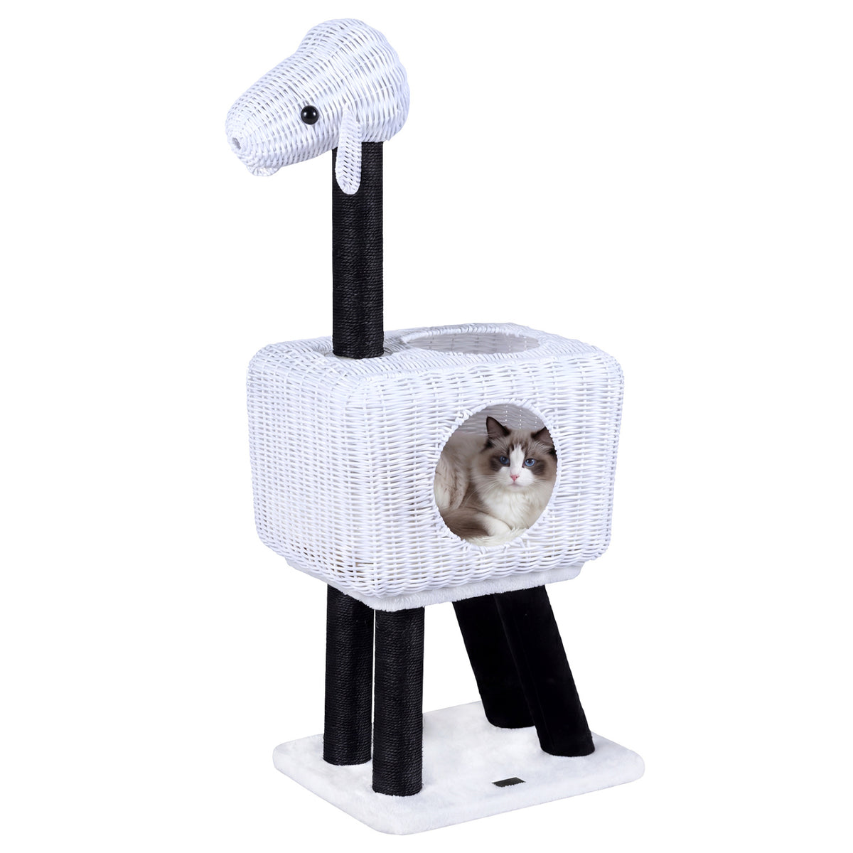 43-Inch Lamb-Shaped Cat Tower with 2-Door Rattan Condo for Indoor Kittens-White