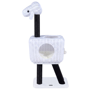 43-Inch Lamb-Shaped Cat Tower with 2-Door Rattan Condo for Indoor Kittens-White
