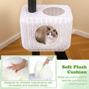 43-Inch Lamb-Shaped Cat Tower with 2-Door Rattan Condo for Indoor Kittens-White