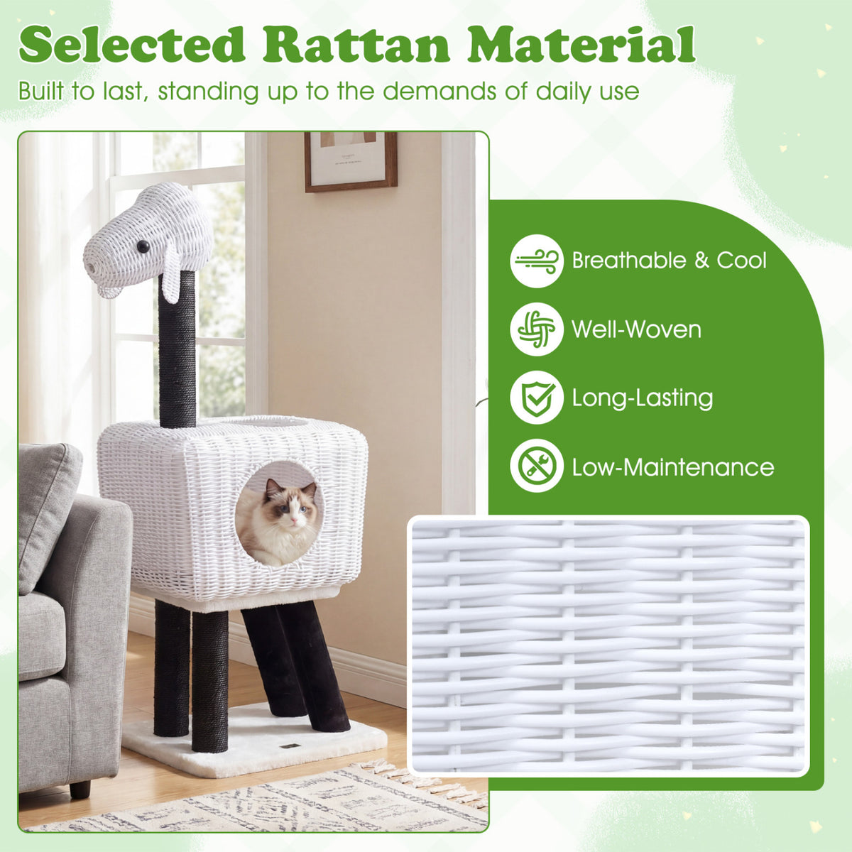43-Inch Lamb-Shaped Cat Tower with 2-Door Rattan Condo for Indoor Kittens-White