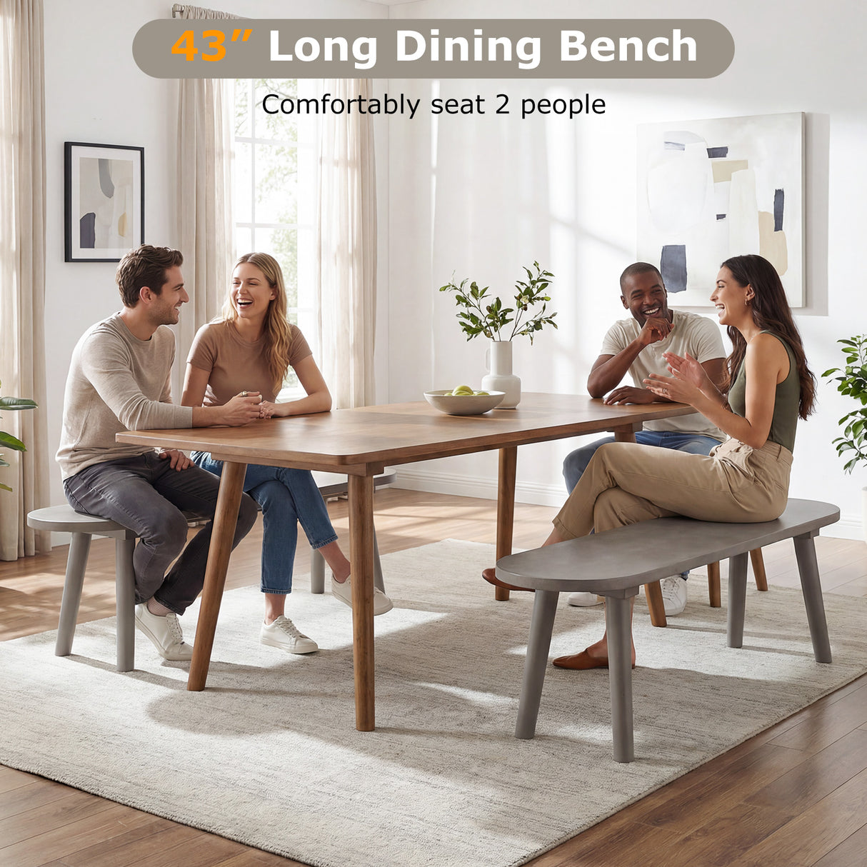 43 Inch Solid Wood Farmhouse Dining Bench Rustic Wooden Entryway Bench with Rubber Wood Legs-Gray