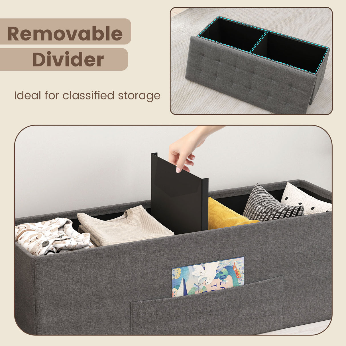 43 Inches Folding Storage Ottoman Bench Linen End of Bed Bench with Padded Seat-Dark Gray