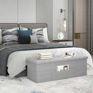 43 Inches Folding Storage Ottoman Bench Linen End of Bed Bench with Padded Seat-Light Gray