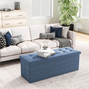 43 Inches Folding Storage Ottoman Bench Linen End of Bed Bench with Padded Seat-Navy