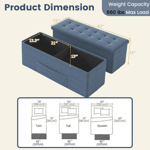 43 Inches Folding Storage Ottoman Bench Linen End of Bed Bench with Padded Seat-Navy