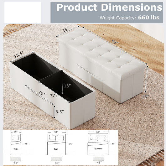 43 Inches Folding Storage Ottoman Bench Foot Rest Stool End of Bed Bench-White