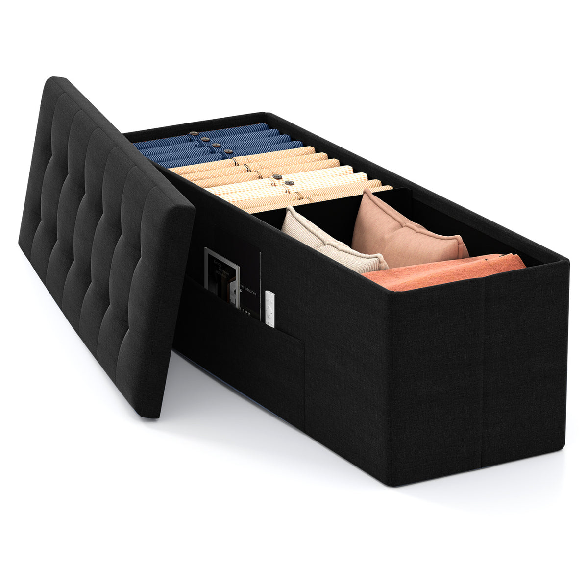 43 Inches Folding Storage Ottoman Bench with Padded Seat-Black