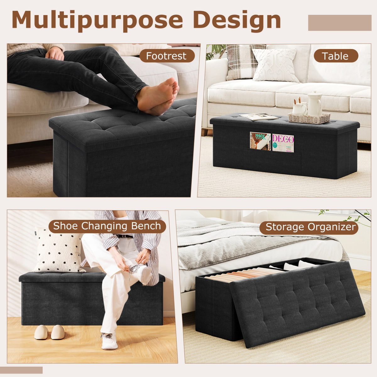 43 Inches Folding Storage Ottoman Bench with Padded Seat-Black