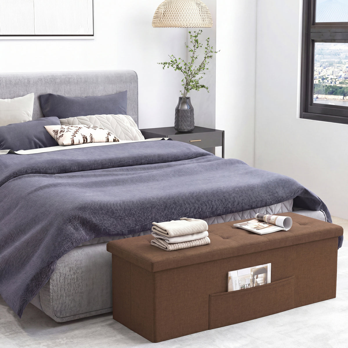 43 Inches Folding Storage Ottoman Bench Linen End of Bed Bench with Padded Seat-Brown