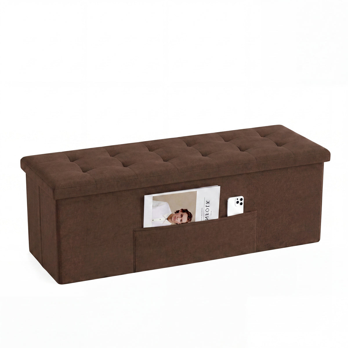 43 Inches Folding Storage Ottoman Bench Linen End of Bed Bench with Padded Seat-Brown