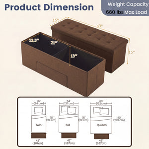 43 Inches Folding Storage Ottoman Bench Linen End of Bed Bench with Padded Seat-Brown