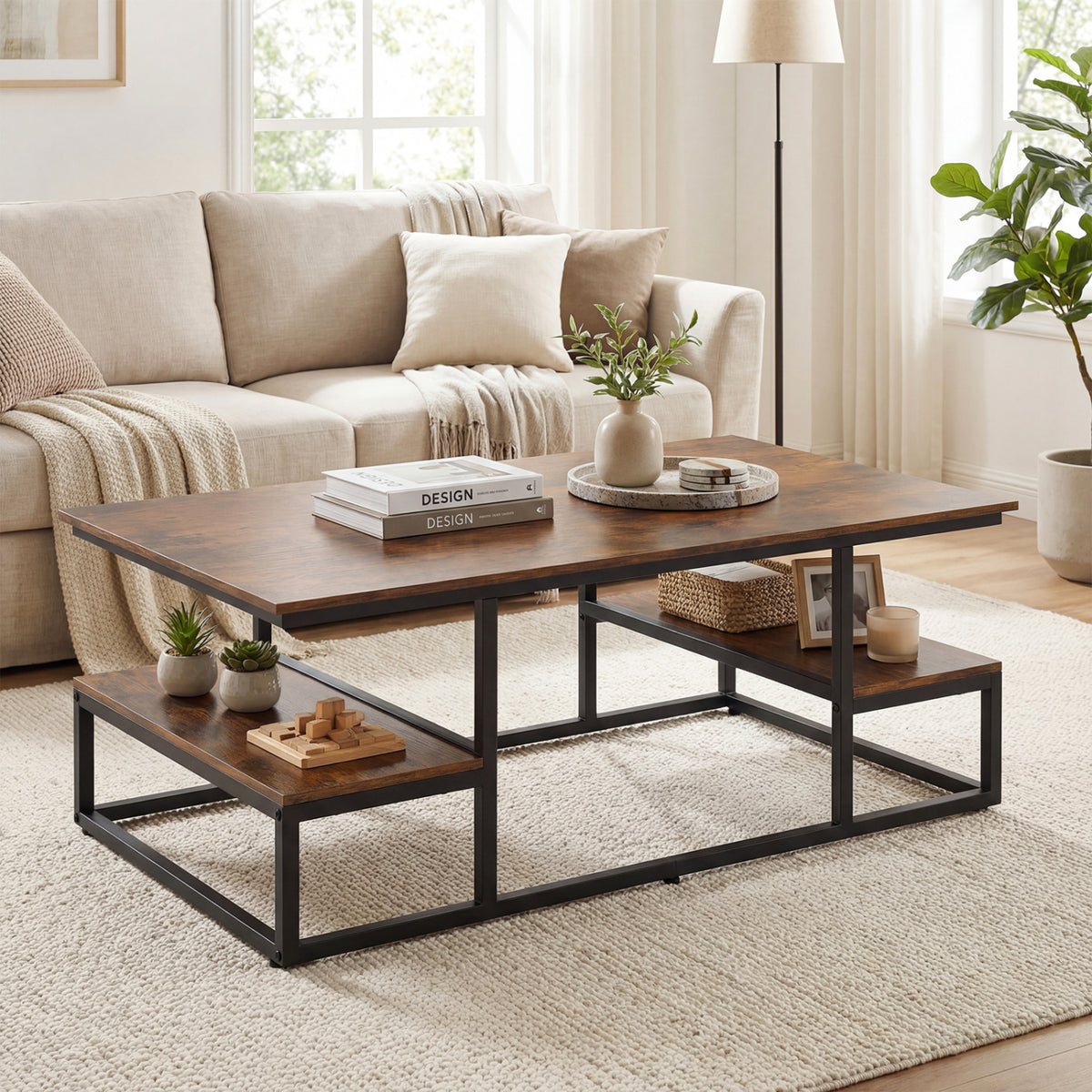 43" Rectangle Coffee Table with Storage and Open Shelves-Rusticbrown