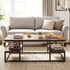 43" Rectangle Coffee Table with Storage and Open Shelves-Rusticbrown