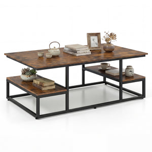 43" Rectangle Coffee Table with Storage and Open Shelves-Rusticbrown