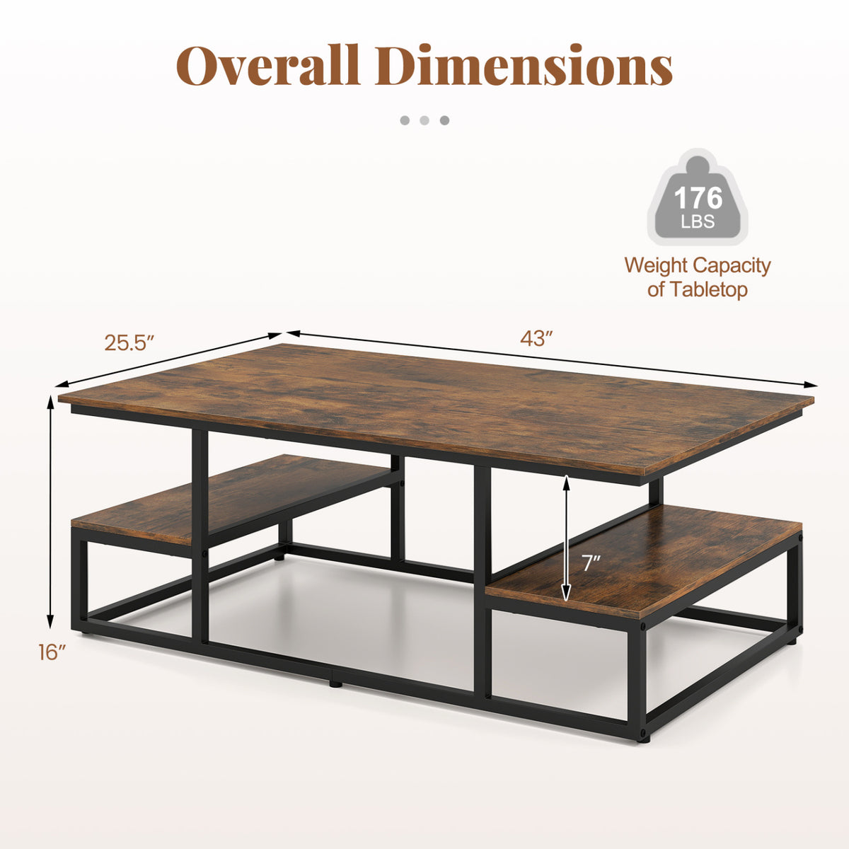 43" Rectangle Coffee Table with Storage and Open Shelves-Rusticbrown