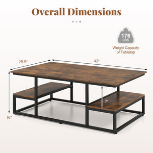 43" Rectangle Coffee Table with Storage and Open Shelves-Rusticbrown