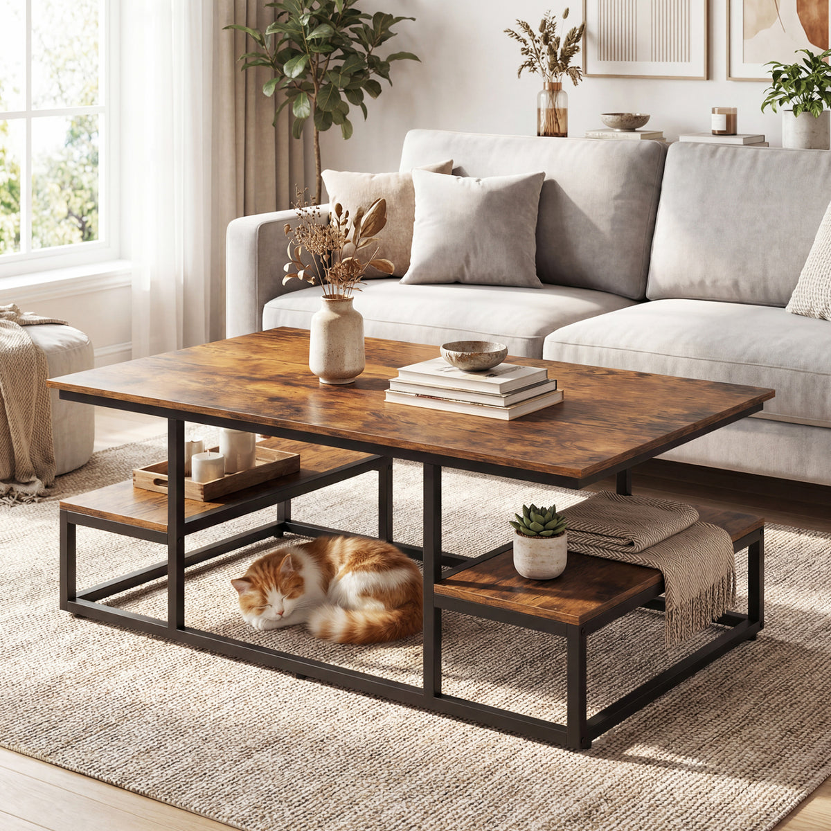 43" Rectangle Coffee Table with Storage and Open Shelves-Rusticbrown