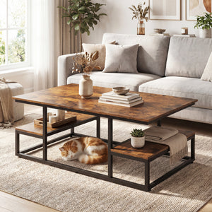 43" Rectangle Coffee Table with Storage and Open Shelves-Rusticbrown