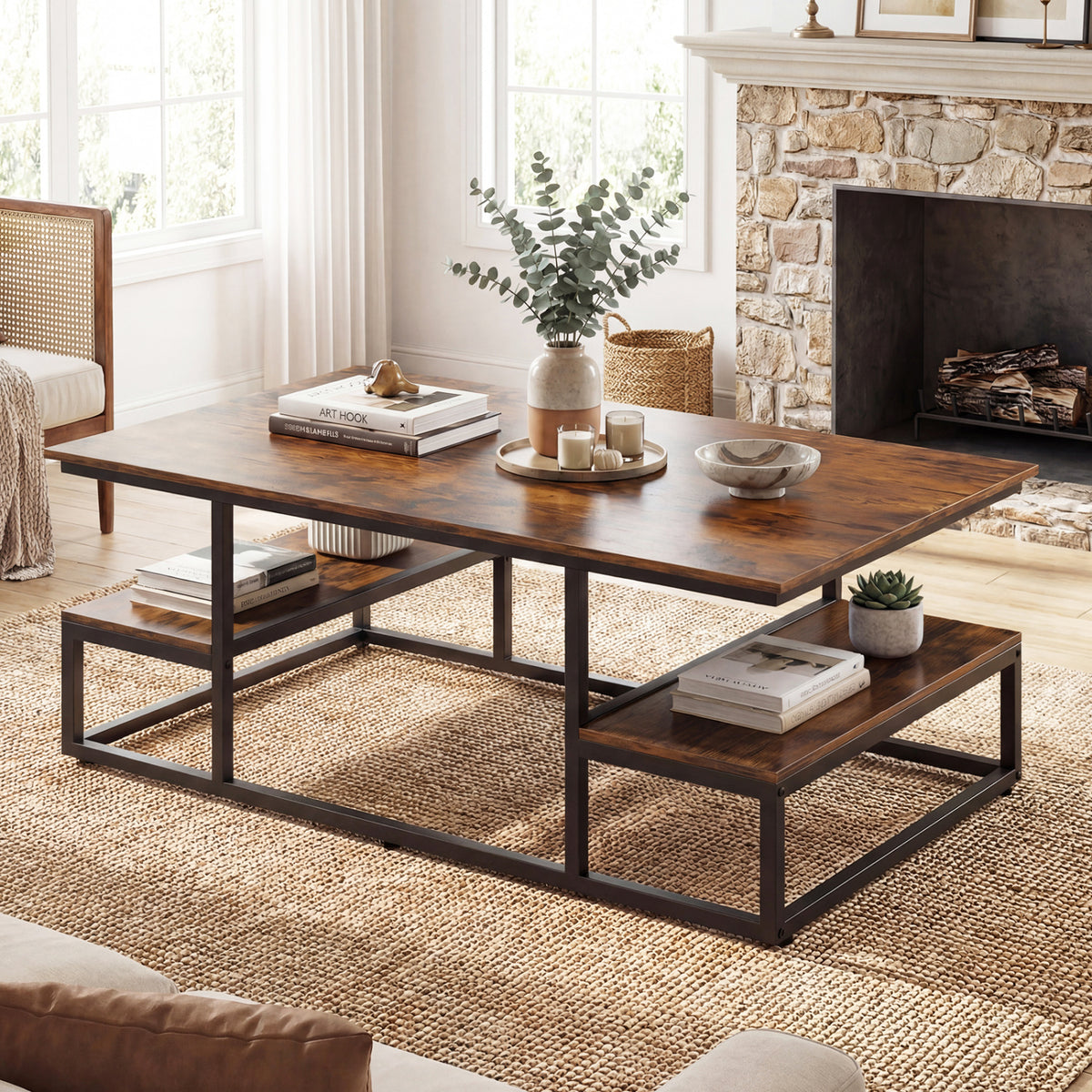 43" Rectangle Coffee Table with Storage and Open Shelves-Rusticbrown