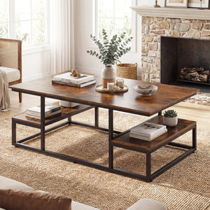 43" Rectangle Coffee Table with Storage and Open Shelves-Rusticbrown