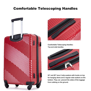 Red 3 Piece Luggage Sets Lightweight Suitcase with a textured diagonal stripe features telescoping handles, spinner wheels, and close-up insets of top and side handles highlighting convenience and protective aspects. Includes two hooks for added functionality.