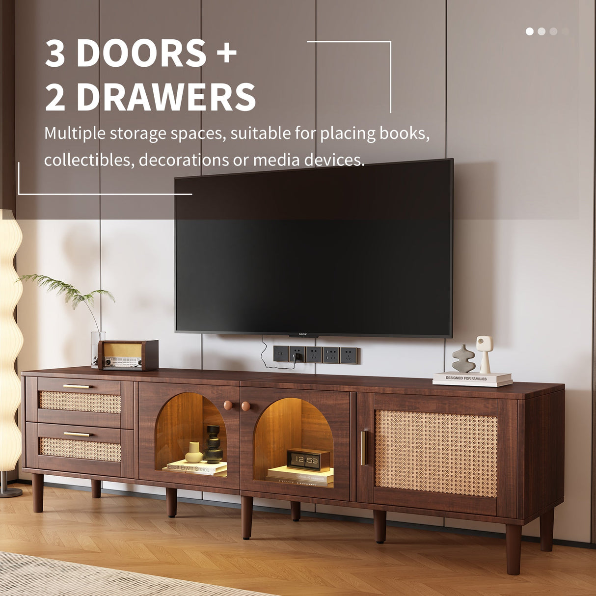 Rattan TV Stand with 3 Cabinets and 2 Drawers