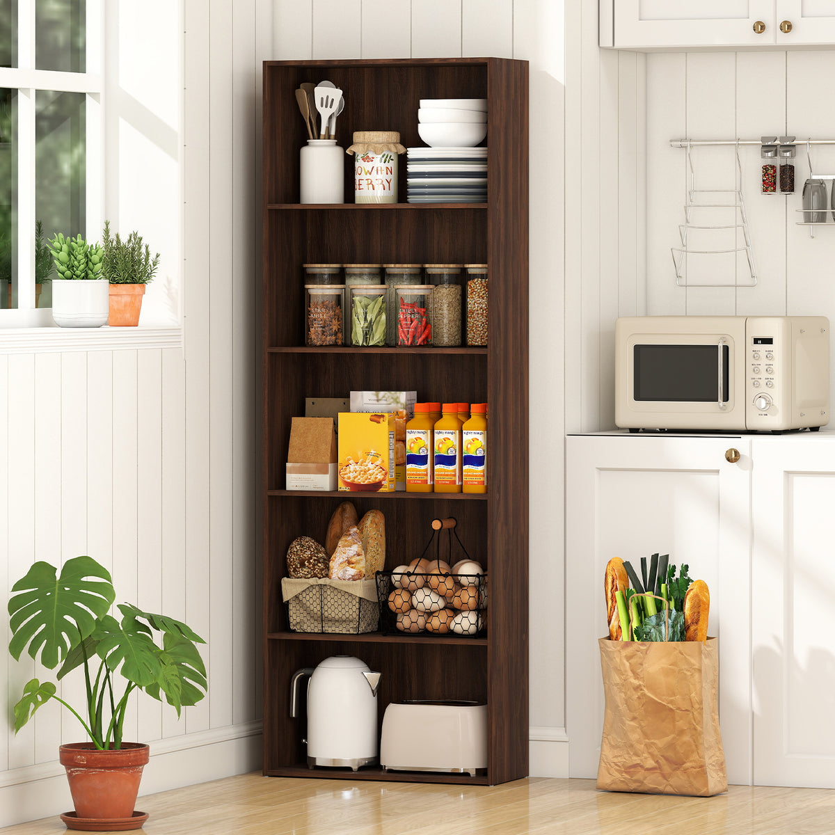 5-Shelf Storage Bookcase Modern Multi-Functional Display Cabinet Furniture-Walnut