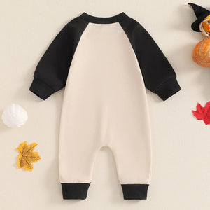 Letter Ghost Embroidery Color blocked Long sleeved Cartoon Cute jumpsuit Crawler