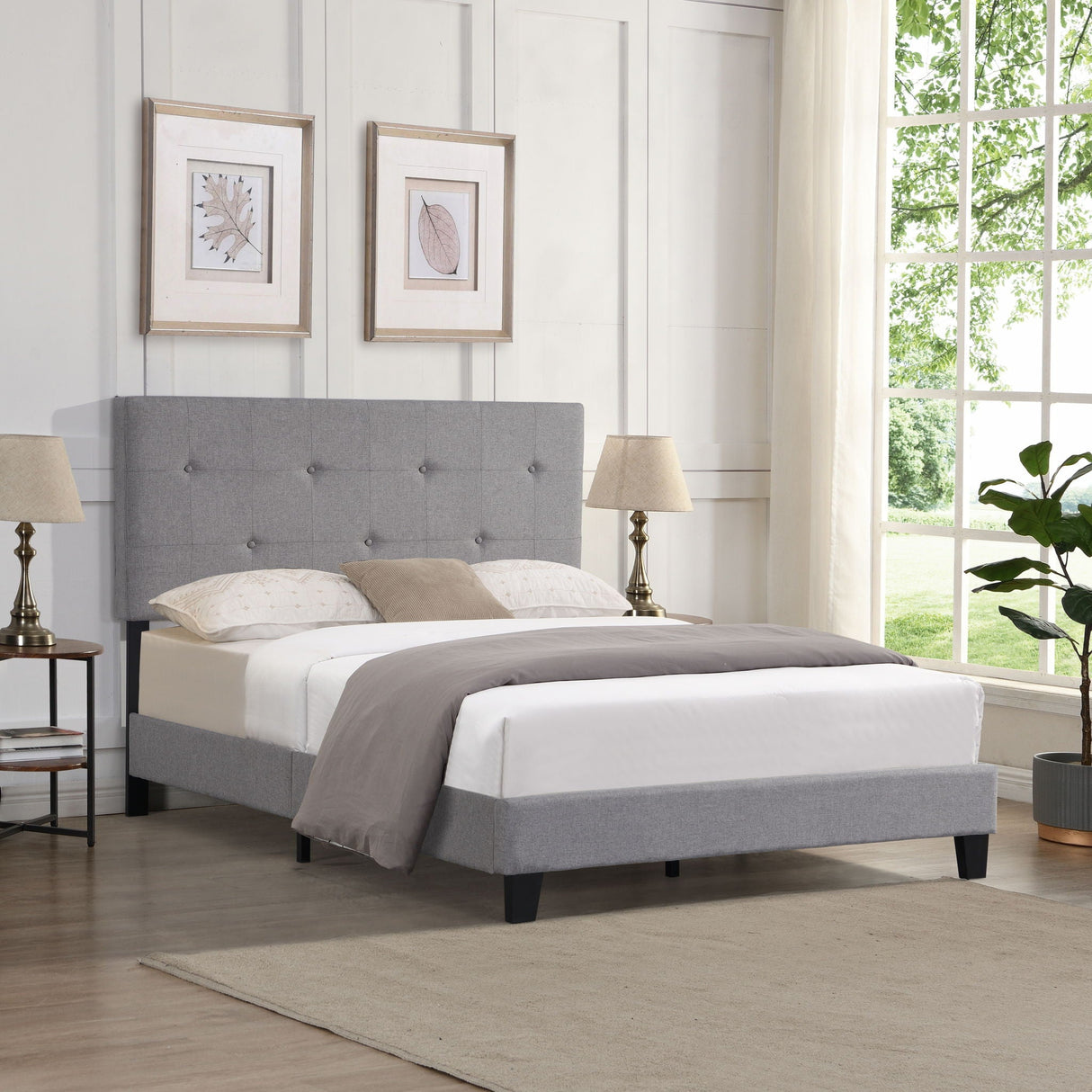 Full Size Upholstered Platform Bed Frame With Modern Button Tufted Linen Fabric Headboard, No Box Spring Needed, Wood Slat Support - Gray by Couch.com