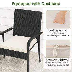 3 Piece Patio Furniture Set with Seat Cushions and Tempered Glass -White