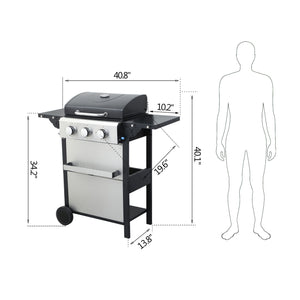 3 Burner Propane Gas Bbq Grill, 25650Btu Output With Wire Enamel Cooking Grids For Outdoor Barbecue, Foldable Side Table, Stainless Steel - Black / Silver by Couch.com