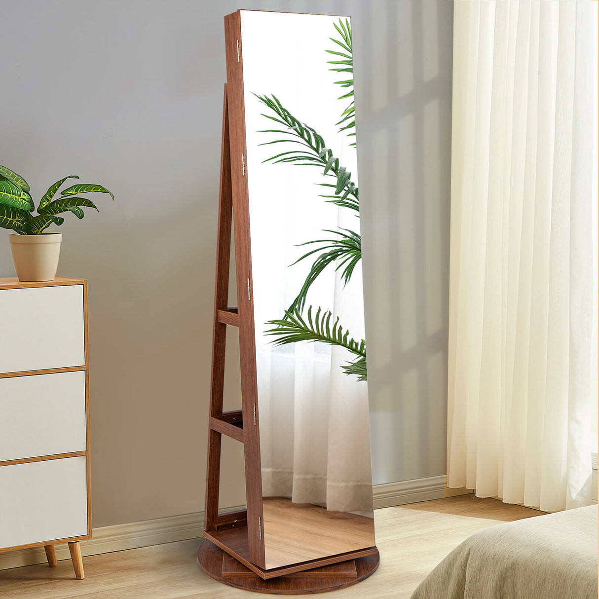 360 ° Rotating Mirrored Jewelry Cabinet Armoire 3 Color LED Modes Lockable-White