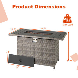 44.5 Inch Propane Fire Pit Table Rattan Gas 2-in-1 with Stainless Steel Burner-Gray