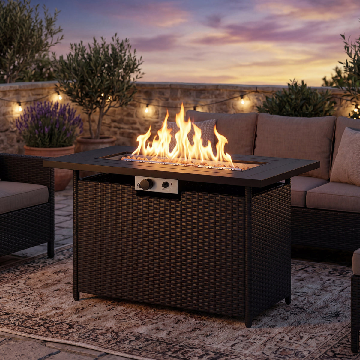 44.5 Inch Propane Fire Pit Table Rattan Gas 2-in-1 with Stainless Steel Burner-Black & Gray