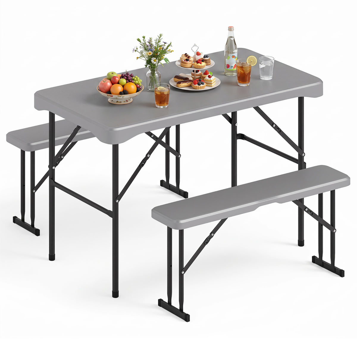 44" HDPE Folding Picnic Table Set with 2 Benches-Gray