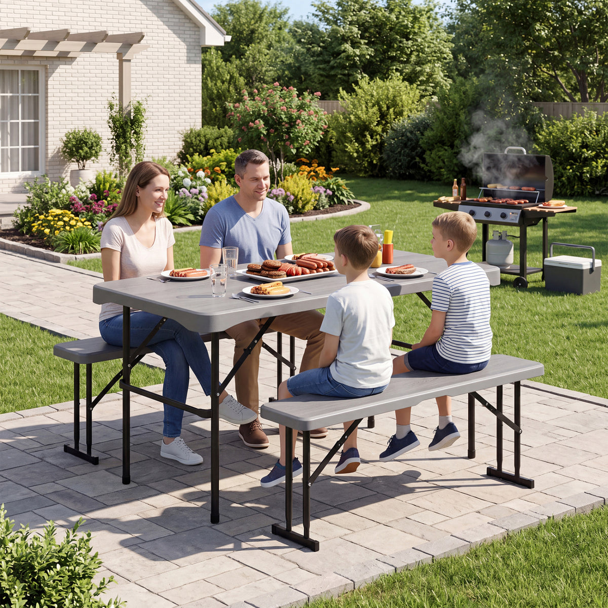 44" HDPE Folding Picnic Table Set with 2 Benches-Gray