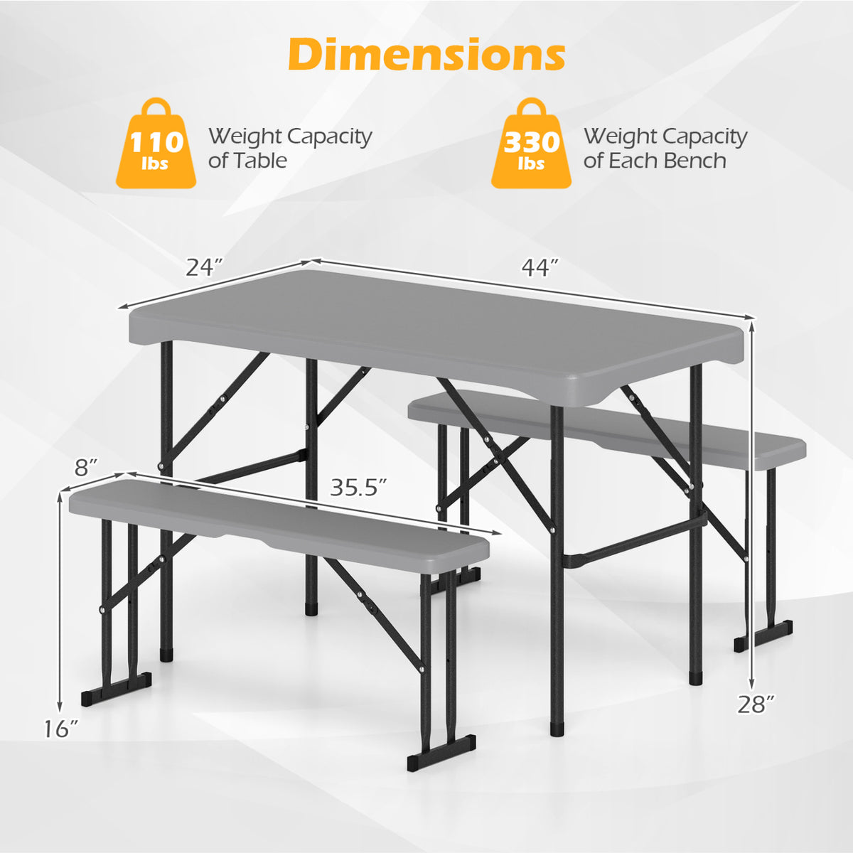 44" HDPE Folding Picnic Table Set with 2 Benches-Gray