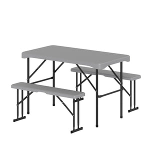 44" HDPE Folding Picnic Table Set with 2 Benches-Gray
