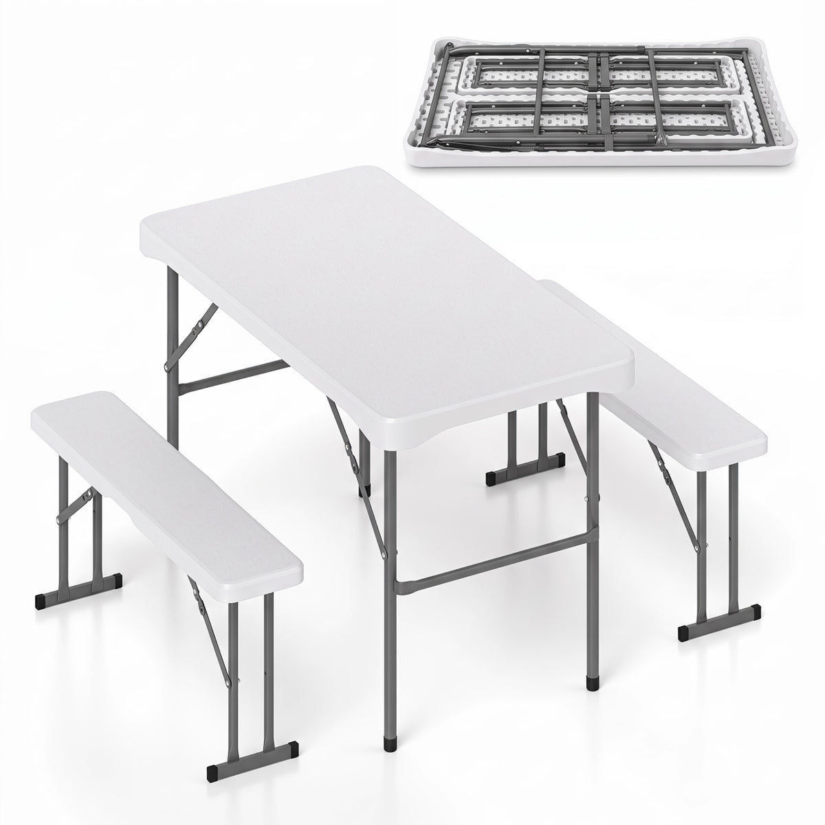 44" HDPE Folding Picnic Table Set with 2 Benches-White