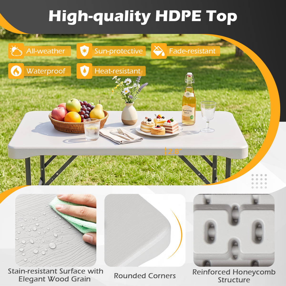 44" HDPE Folding Picnic Table Set with 2 Benches-White