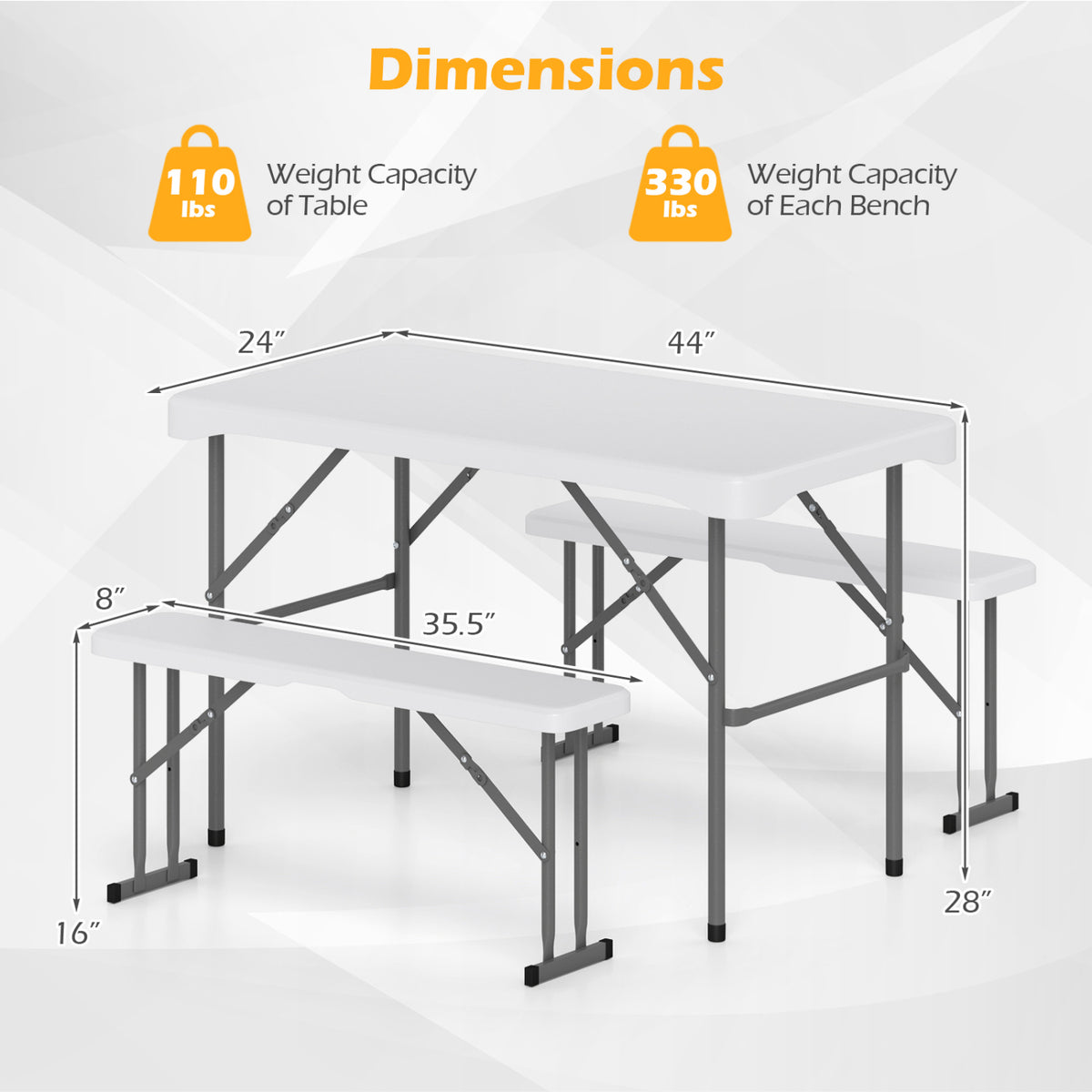 44" HDPE Folding Picnic Table Set with 2 Benches-White