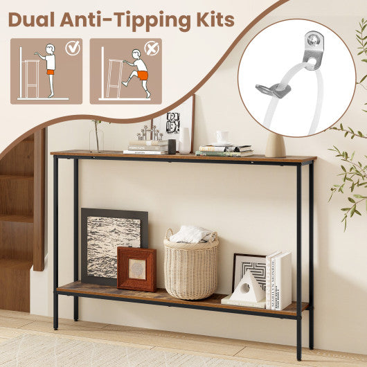 44 Inch Console Table with Shelf with Dual Anti-Tipping Kits-Rustic Brown